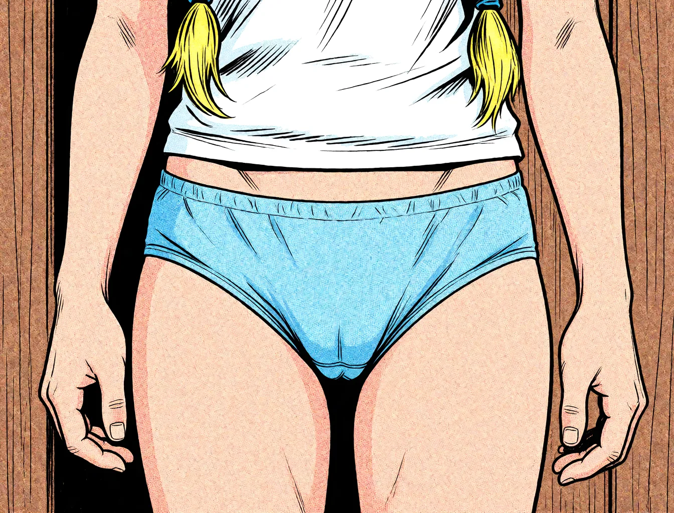 Redraw the entire picture as western comic-book art: heavy black inked outlines, hard-edged cel shading, limited high-contrast colour and visible halftone dot texture. The background is drawn in the same style. Nothing in the frame keeps its photographic appearance. Above all, the picture must show: standing panties.