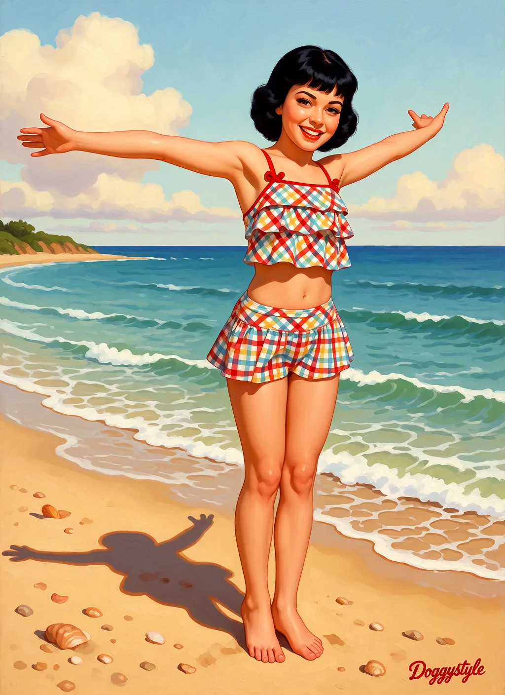 Redraw the entire picture as a retro pin-up illustration: smooth airbrushed gouache paint, warm saturated mid-century colour, clean confident outlines and glamorous stylised features, in the look of a 1950s pin-up poster. The background is painted in the same style. Nothing in the frame keeps its photographic appearance. Above all, the picture must show: Doggystyle cum_in_ass smile.