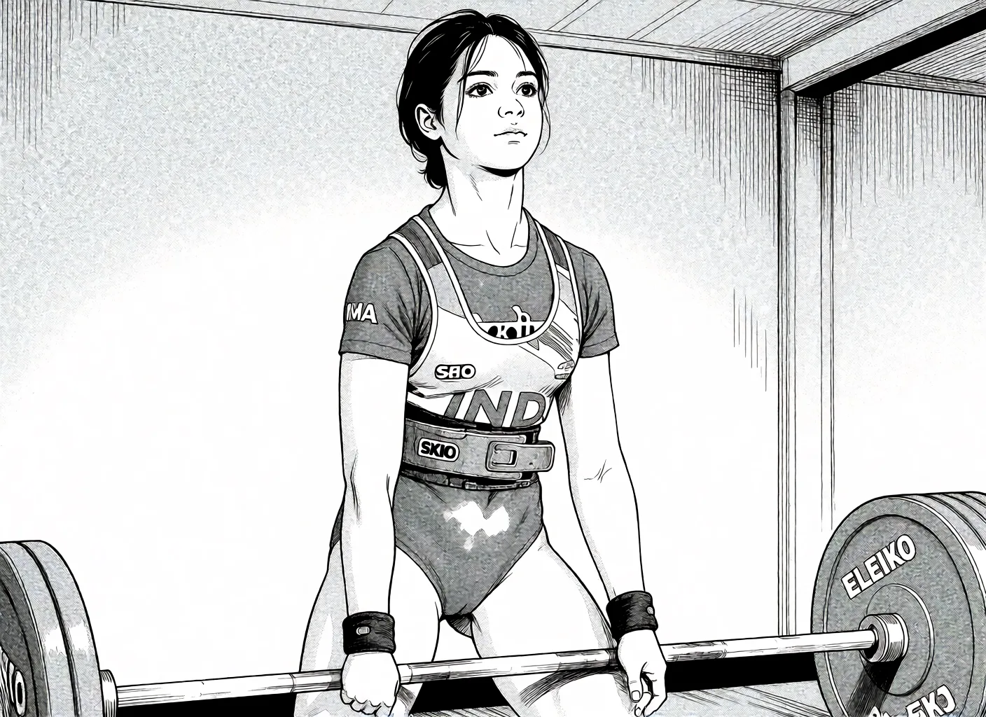 Redraw the entire picture as a black and white manga page: crisp black ink line art, no colour anywhere, flat halftone screentone shading, hatched shadows and clean white highlights, in the look of a printed manga panel. The background is drawn in the same style. Nothing in the frame keeps its photographic appearance. Above all, the picture must show: completely_nude.