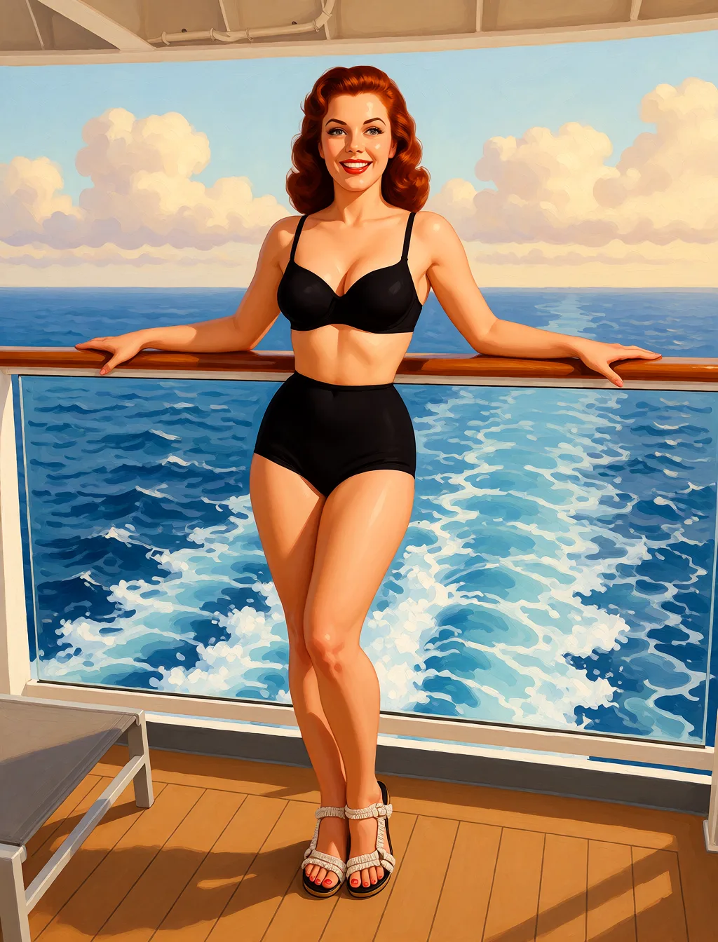 Redraw the entire picture as a retro pin-up illustration: smooth airbrushed gouache paint, warm saturated mid-century colour, clean confident outlines and glamorous stylised features, in the look of a 1950s pin-up poster. The background is painted in the same style. Nothing in the frame keeps its photographic appearance. Above all, the picture must show: Just for her to be in a black lingerie.
