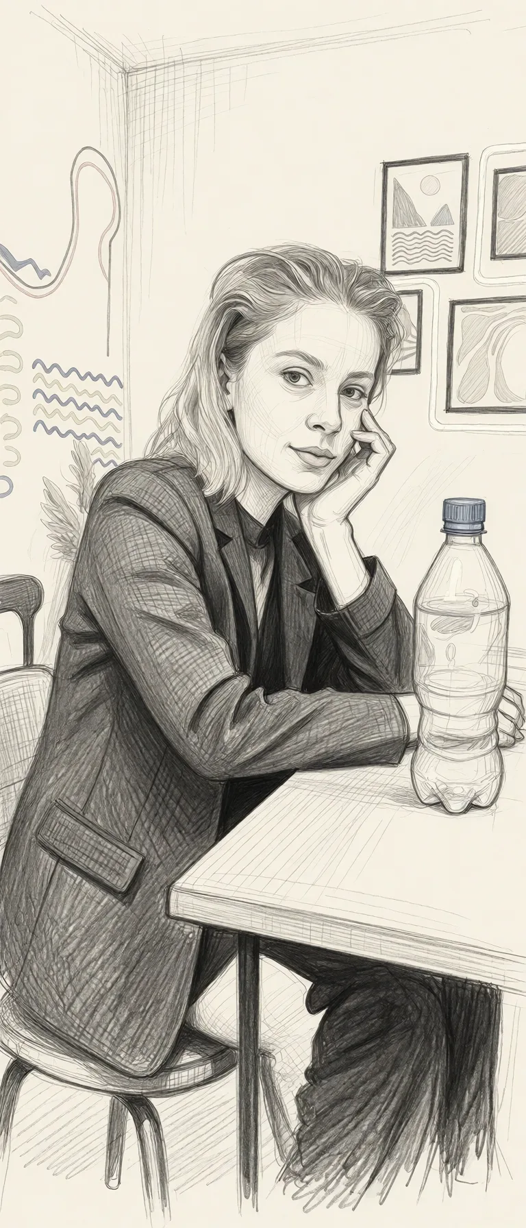 Redraw the entire picture as a hand-drawn graphite sketch on off-white paper: visible pencil strokes, cross-hatched shading, loose construction lines and no colour beyond the grey of the pencil and the tone of the paper. The background is drawn in the same style. Nothing in the frame keeps its photographic appearance. Above all, the picture must show: Меня трахают раком на кровати. Я смотрю в кадр.