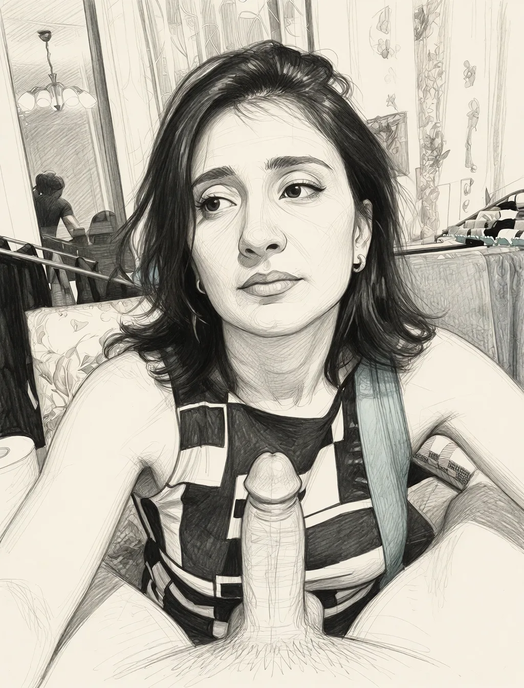 Redraw the entire picture as a hand-drawn graphite sketch on off-white paper: visible pencil strokes, cross-hatched shading, loose construction lines and no colour beyond the grey of the pencil and the tone of the paper. The background is drawn in the same style. Nothing in the frame keeps its photographic appearance. Above all, the picture must show: Сосёт член.
