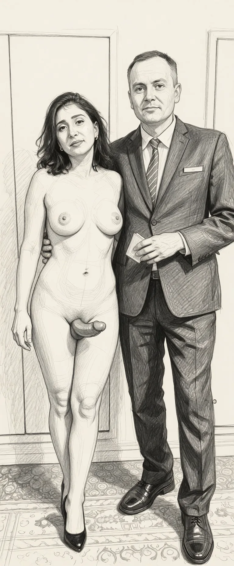 Redraw the entire picture as a hand-drawn graphite sketch on off-white paper: visible pencil strokes, cross-hatched shading, loose construction lines and no colour beyond the grey of the pencil and the tone of the paper. The background is drawn in the same style. Nothing in the frame keeps its photographic appearance. Above all, the picture must show: Blowjob.