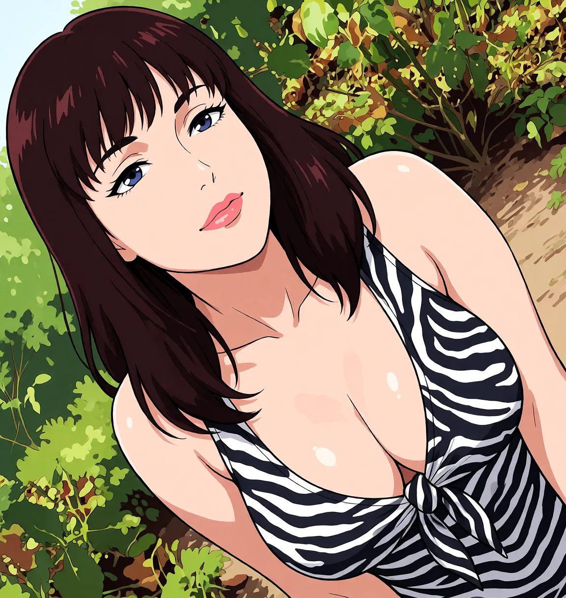 Redraw the entire picture as a hand-drawn anime illustration in flat cel-shaded anime style. It stays the same person with the same face, the same expression, the same hair and the same skin tone, and every other detail of the photograph is kept exactly as it is: nothing is added, removed, moved, uncovered or recoloured. Only the medium changes, and no part of the picture is left photographic. Above all, the picture must show: Трахается поза миссионерская и трогает грудь.
