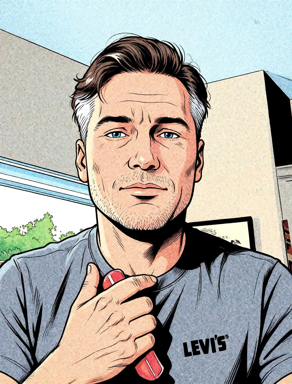 Redraw the entire picture as western comic-book art: heavy black inked outlines, hard-edged cel shading, limited high-contrast colour and visible halftone dot texture. The background is drawn in the same style. Nothing in the frame keeps its photographic appearance. Above all, the picture must show: sex_from_behind.