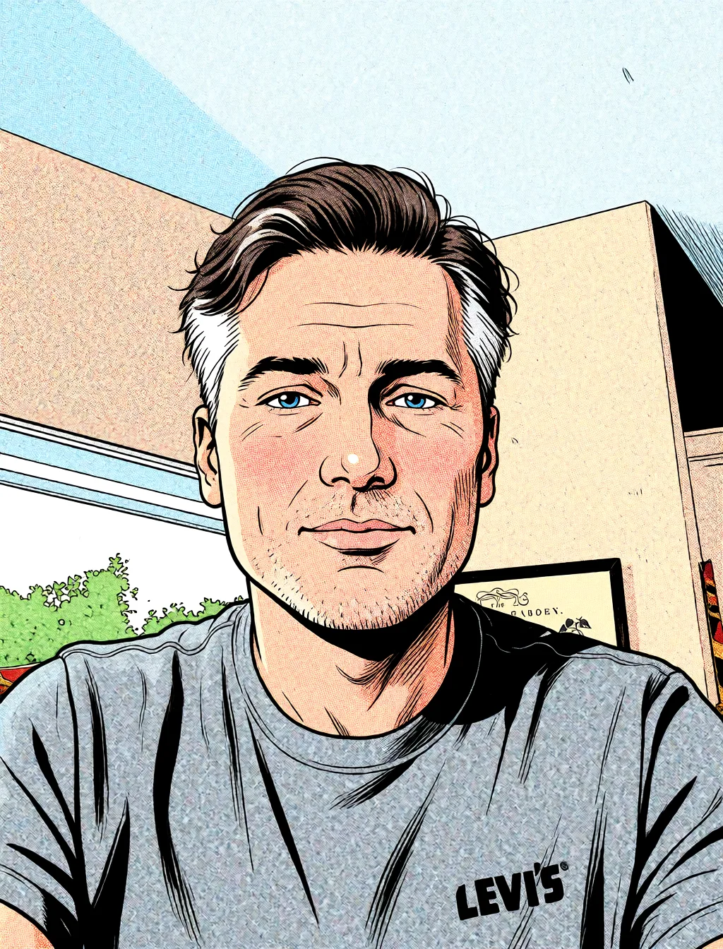 Redraw the entire picture as western comic-book art: heavy black inked outlines, hard-edged cel shading, limited high-contrast colour and visible halftone dot texture. The background is drawn in the same style. Nothing in the frame keeps its photographic appearance. Above all, the picture must show: sex_from_behind full_body.