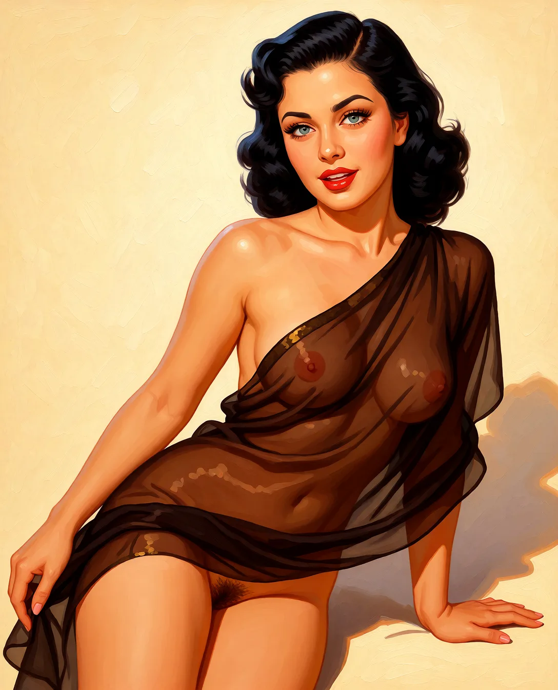 Redraw the entire picture as a retro pin-up illustration: smooth airbrushed gouache paint, warm saturated mid-century colour, clean confident outlines and glamorous stylised features, in the look of a 1950s pin-up poster. The background is painted in the same style. Nothing in the frame keeps its photographic appearance. Above all, the picture must show: nude.