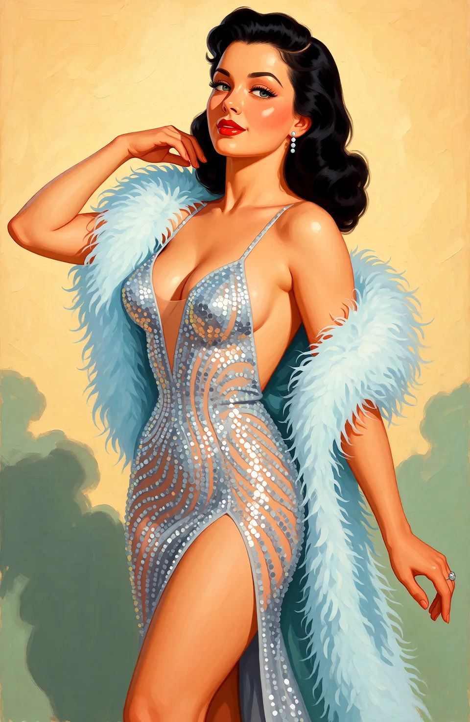 Redraw the entire picture as a retro pin-up illustration: smooth airbrushed gouache paint, warm saturated mid-century colour, clean confident outlines and glamorous stylised features, in the look of a 1950s pin-up poster. The background is painted in the same style. Nothing in the frame keeps its photographic appearance. Above all, the picture must show: naked.