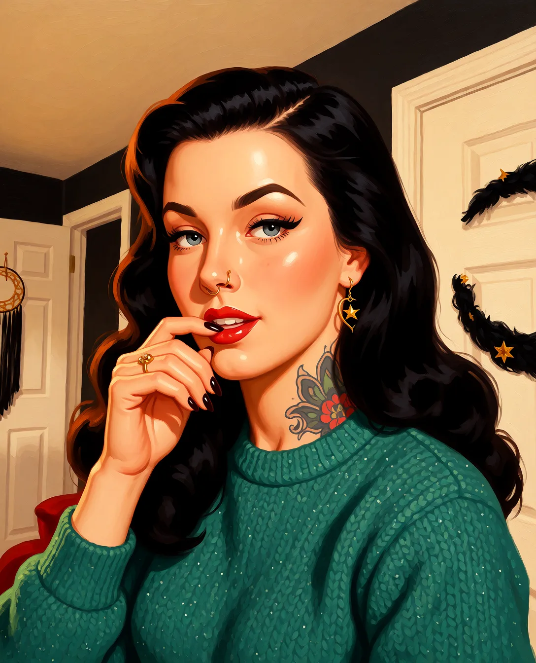 Redraw the entire picture as a retro pin-up illustration: smooth airbrushed gouache paint, warm saturated mid-century colour, clean confident outlines and glamorous stylised features, in the look of a 1950s pin-up poster. The background is painted in the same style. Nothing in the frame keeps its photographic appearance. Above all, the picture must show: cum_on_body.