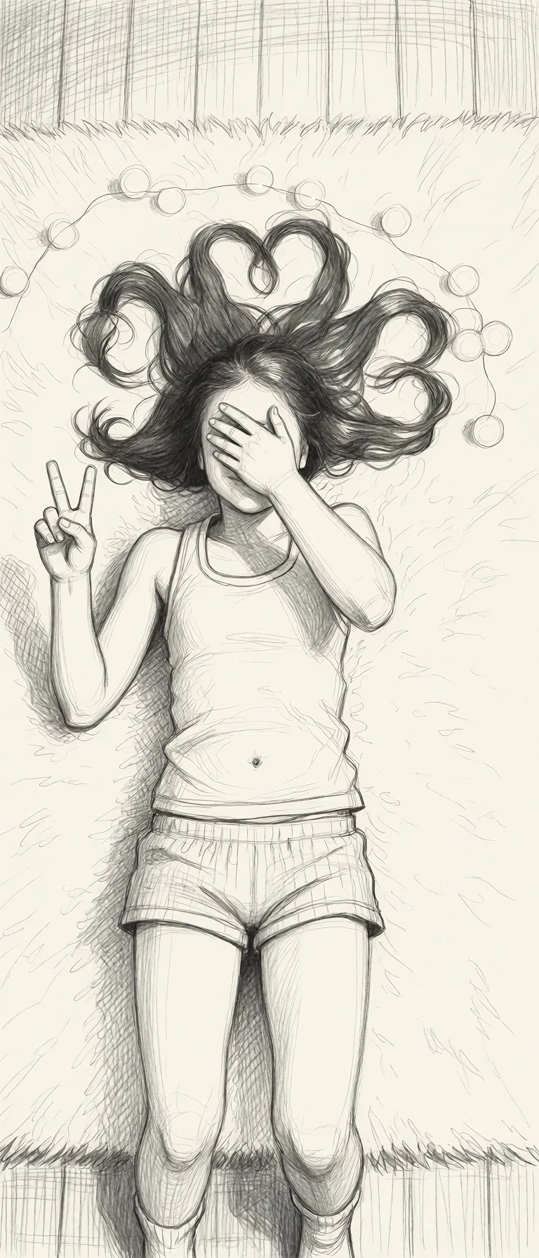 Redraw the entire picture as a hand-drawn graphite sketch on off-white paper: visible pencil strokes, cross-hatched shading, loose construction lines and no colour beyond the grey of the pencil and the tone of the paper. The background is drawn in the same style. Nothing in the frame keeps its photographic appearance. Above all, the picture must show: nacked.