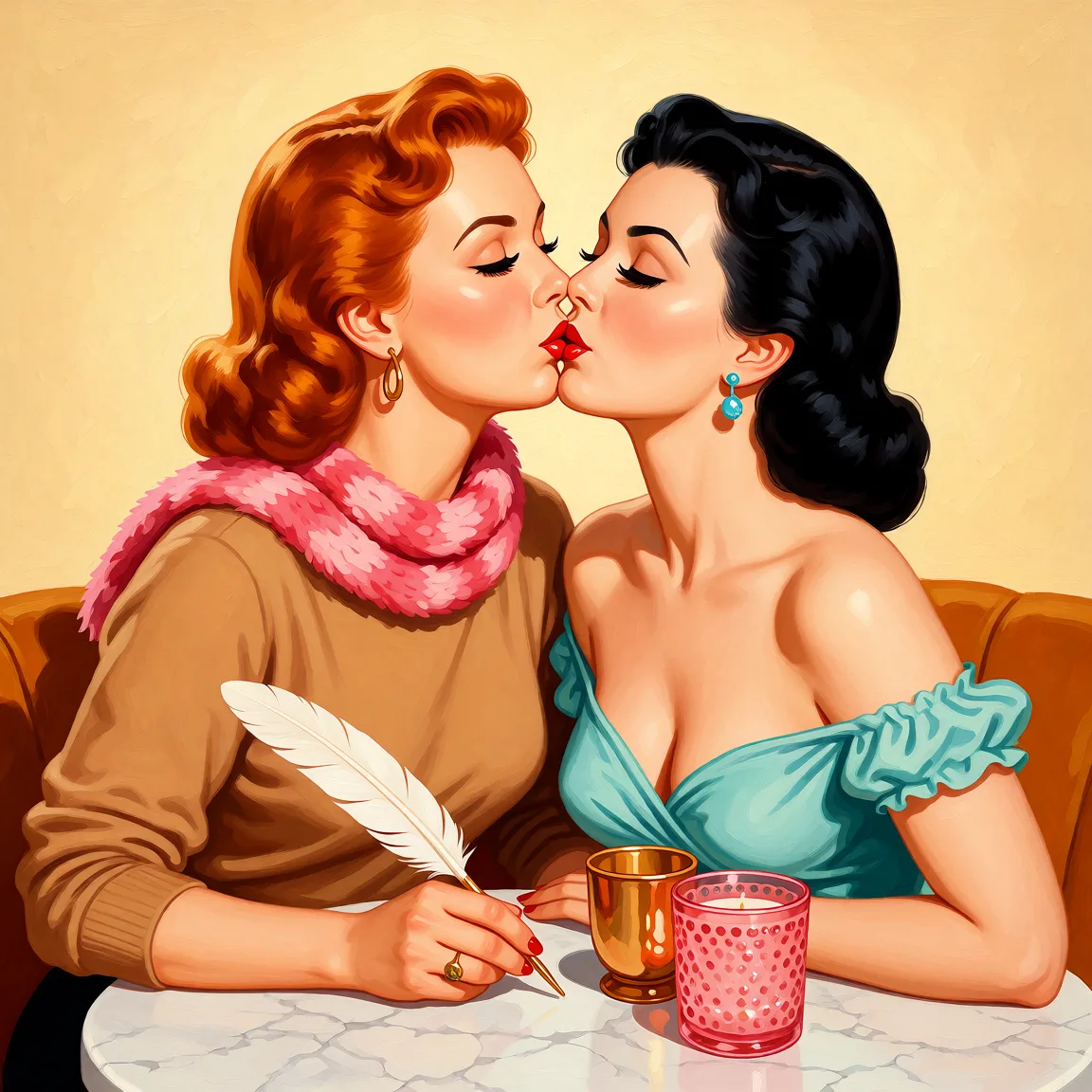 Redraw the entire picture as a retro pin-up illustration: smooth airbrushed gouache paint, warm saturated mid-century colour, clean confident outlines and glamorous stylised features, in the look of a 1950s pin-up poster. The background is painted in the same style. Nothing in the frame keeps its photographic appearance. Above all, the picture must show: this woman kissing another elegant woman.