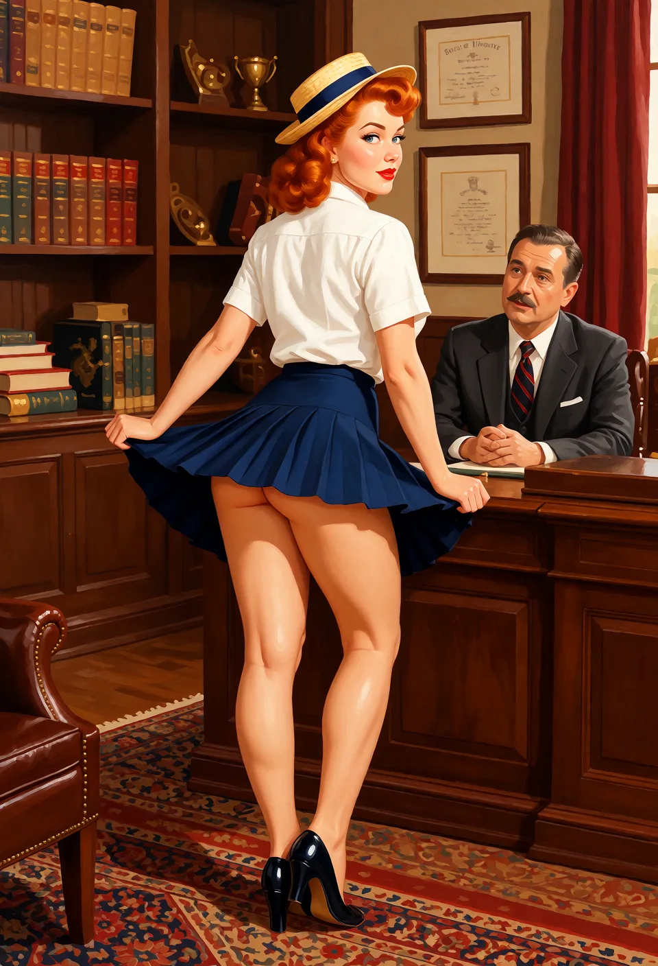 Redraw the entire picture as a retro pin-up illustration: smooth airbrushed gouache paint, warm saturated mid-century colour, clean confident outlines and glamorous stylised features, in the look of a 1950s pin-up poster. The background is painted in the same style. Nothing in the frame keeps its photographic appearance. Above all, the picture must show: skirt_lift.