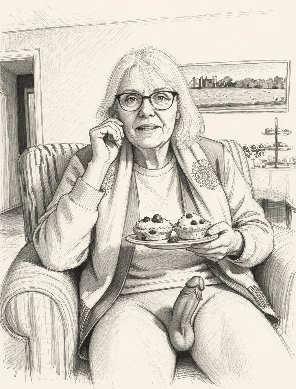 Redraw the entire picture as a hand-drawn graphite sketch on off-white paper: visible pencil strokes, cross-hatched shading, loose construction lines and no colour beyond the grey of the pencil and the tone of the paper. The background is drawn in the same style. Nothing in the frame keeps its photographic appearance. Above all, the picture must show: As with previous sketch, but there is semen from the vagina on the man's penis.