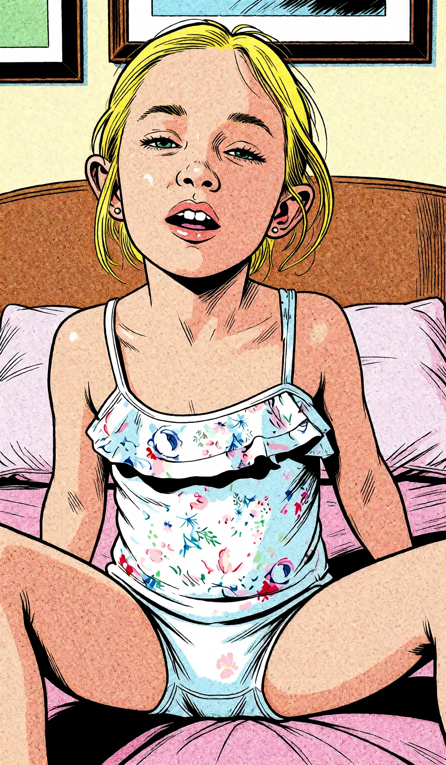 Redraw the entire picture as western comic-book art: heavy black inked outlines, hard-edged cel shading, limited high-contrast colour and visible halftone dot texture. The background is drawn in the same style. Nothing in the frame keeps its photographic appearance. Above all, the picture must show: no_panties.