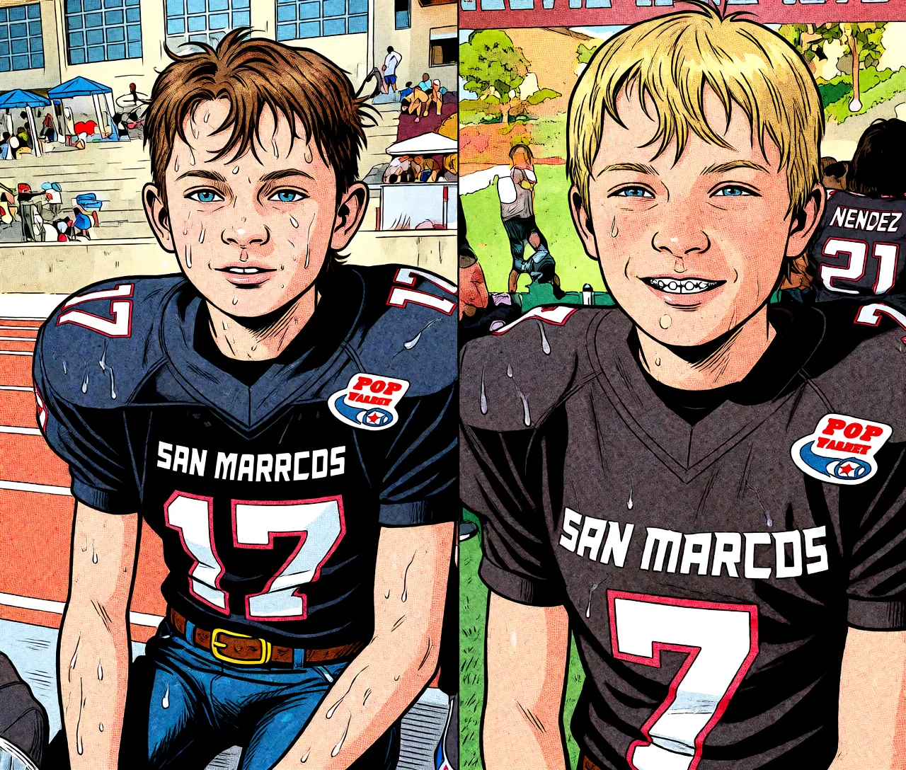 Redraw the entire picture as western comic-book art: heavy black inked outlines, hard-edged cel shading, limited high-contrast colour and visible halftone dot texture. The background is drawn in the same style. Nothing in the frame keeps its photographic appearance. Above all, the picture must show: standing_sex.