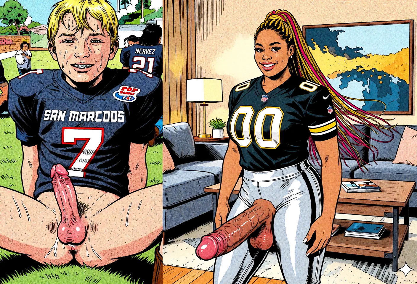 Redraw the entire picture as western comic-book art: heavy black inked outlines, hard-edged cel shading, limited high-contrast colour and visible halftone dot texture. The background is drawn in the same style. Nothing in the frame keeps its photographic appearance. Above all, the picture must show: fellatio.