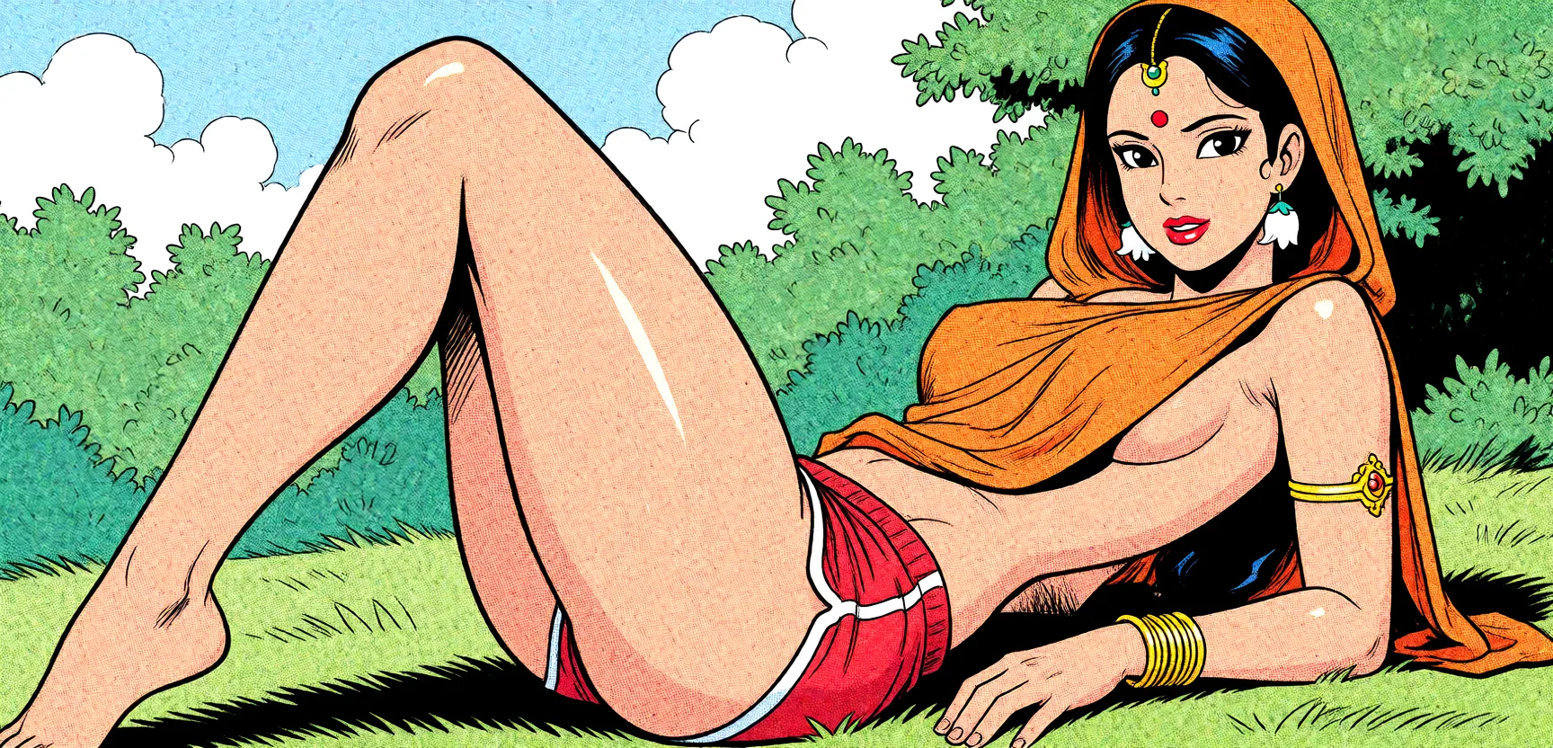 Redraw the entire picture as western comic-book art: heavy black inked outlines, hard-edged cel shading, limited high-contrast colour and visible halftone dot texture. The background is drawn in the same style. Nothing in the frame keeps its photographic appearance. Above all, the picture must show: Sita from HIndu mythology, wearing short shorts that display her long, shapely legs.