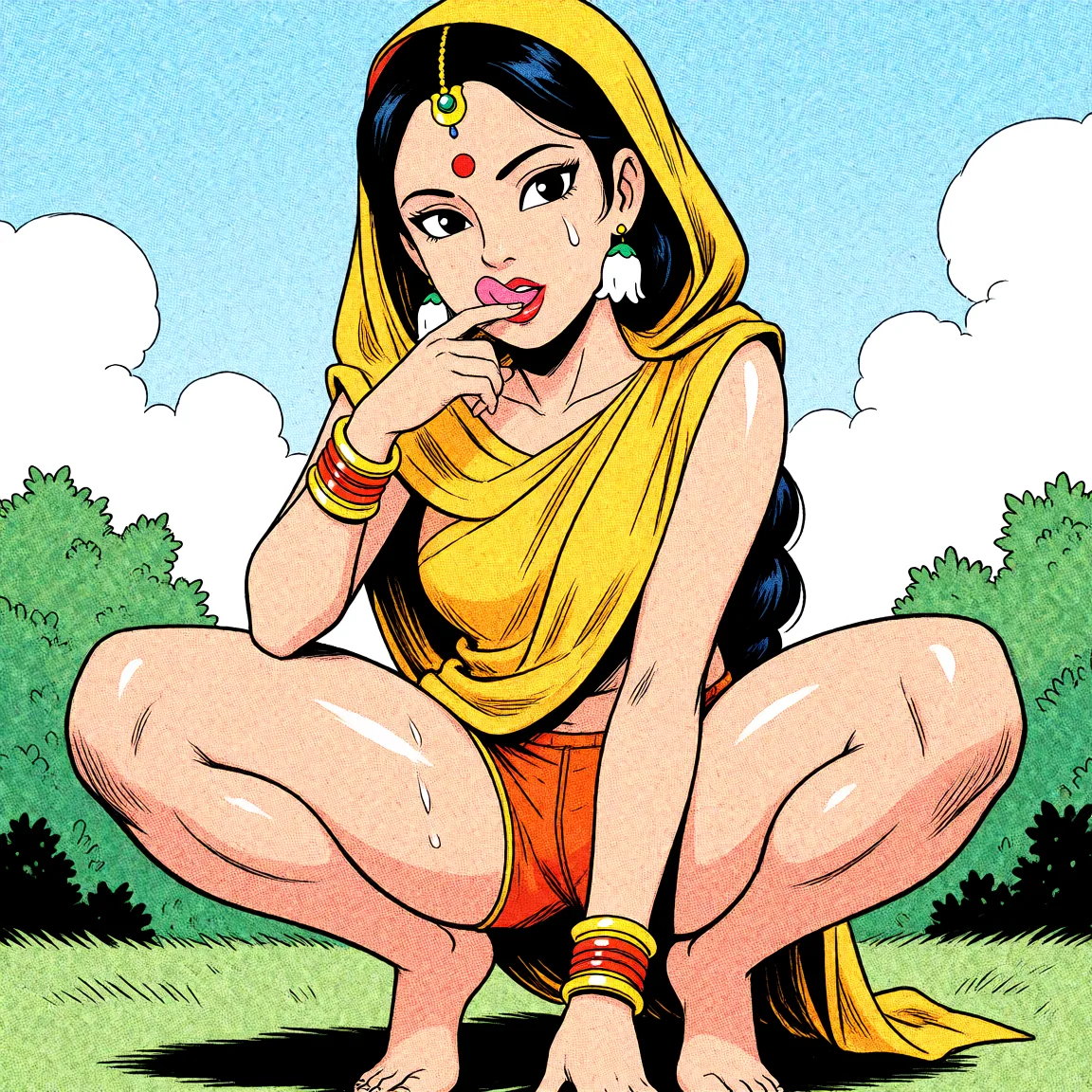 Redraw the entire picture as western comic-book art: heavy black inked outlines, hard-edged cel shading, limited high-contrast colour and visible halftone dot texture. The background is drawn in the same style. Nothing in the frame keeps its photographic appearance. Above all, the picture must show: Sita from HIndu mythology, squatting on top wearing short shorts that display her long, shapely legs, while licking her lips.