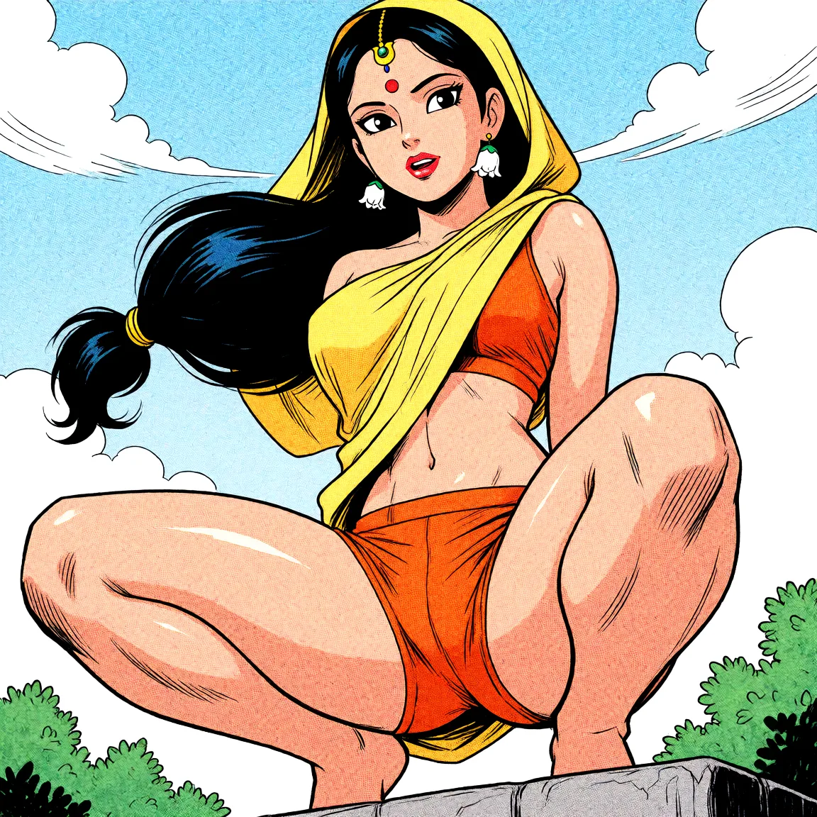 Redraw the entire picture as western comic-book art: heavy black inked outlines, hard-edged cel shading, limited high-contrast colour and visible halftone dot texture. The background is drawn in the same style. Nothing in the frame keeps its photographic appearance. Above all, the picture must show: Sita from HIndu mythology from a low-angle shot, squatting on top, wearing short shorts that display her long, shapely legs. Her hair flows freely in the wind.