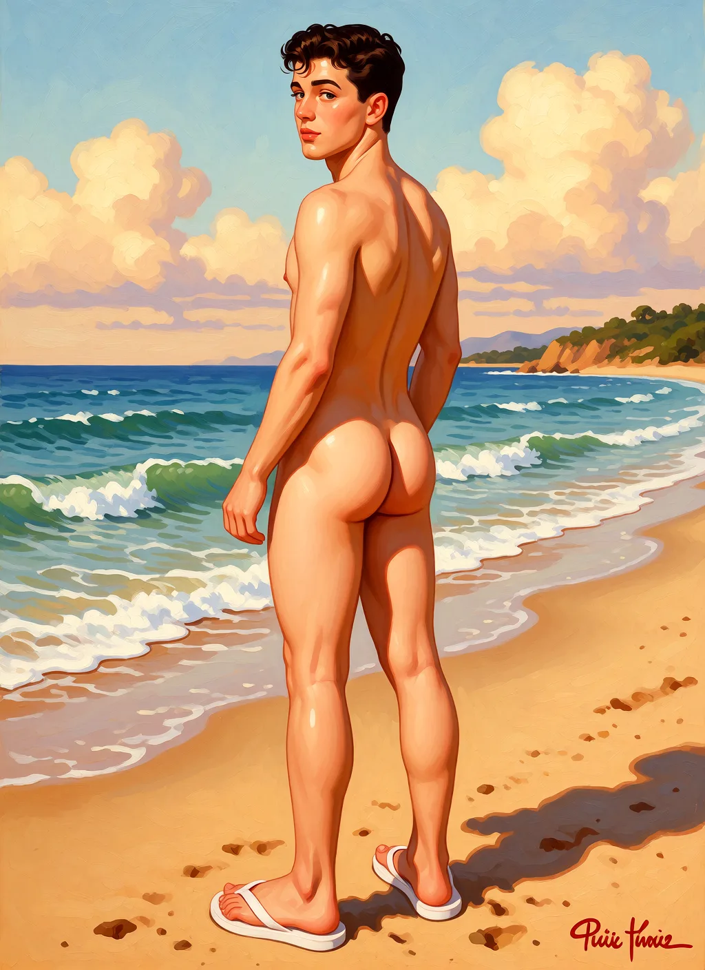 Redraw the entire picture as a retro pin-up illustration: smooth airbrushed gouache paint, warm saturated mid-century colour, clean confident outlines and glamorous stylised features, in the look of a 1950s pin-up poster. The background is painted in the same style. Nothing in the frame keeps its photographic appearance. Above all, the picture must show: Edit this : remove all clothing from the young man so he is completely naked except for his white flip-flops. He is standing on the beach with his back mostly turned to the camera, looking over his left shoulder. Fully expose his bare buttocks, bare legs, and bare torso. Keep the exact same white flip-flops on his feet, same pose, body proportions, face, hair, skin tone, lighting, and beach sunset background., natural skin details, no shorts, no underwear.
