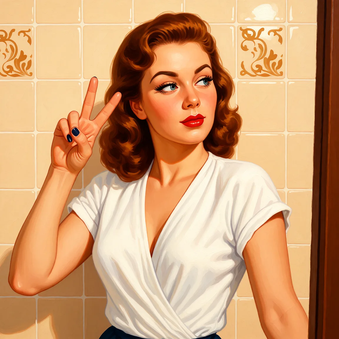 Redraw the entire picture as a retro pin-up illustration: smooth airbrushed gouache paint, warm saturated mid-century colour, clean confident outlines and glamorous stylised features, in the look of a 1950s pin-up poster. The background is painted in the same style. Nothing in the frame keeps its photographic appearance. Above all, the picture must show: gangbang.