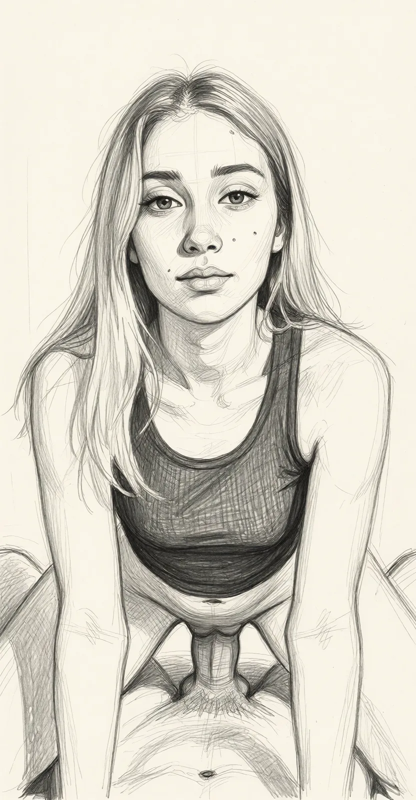 Redraw the entire picture as a hand-drawn graphite sketch on off-white paper: visible pencil strokes, cross-hatched shading, loose construction lines and no colour beyond the grey of the pencil and the tone of the paper. The background is drawn in the same style. Nothing in the frame keeps its photographic appearance. Above all, the picture must show: doggystyle.