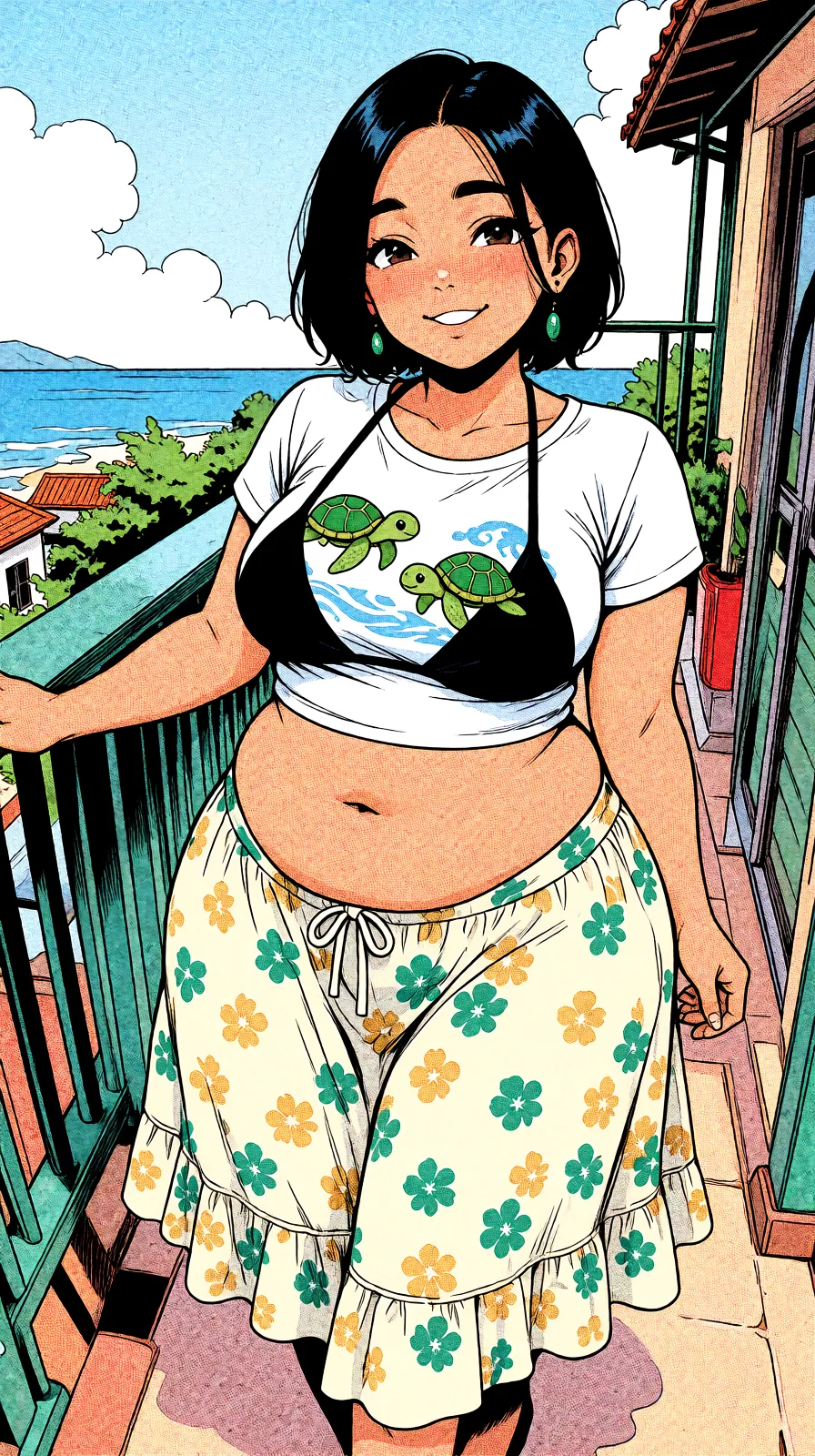 Redraw the entire picture as western comic-book art: heavy black inked outlines, hard-edged cel shading, limited high-contrast colour and visible halftone dot texture. The background is drawn in the same style. Nothing in the frame keeps its photographic appearance. Above all, the picture must show: bikini nipple_slip.