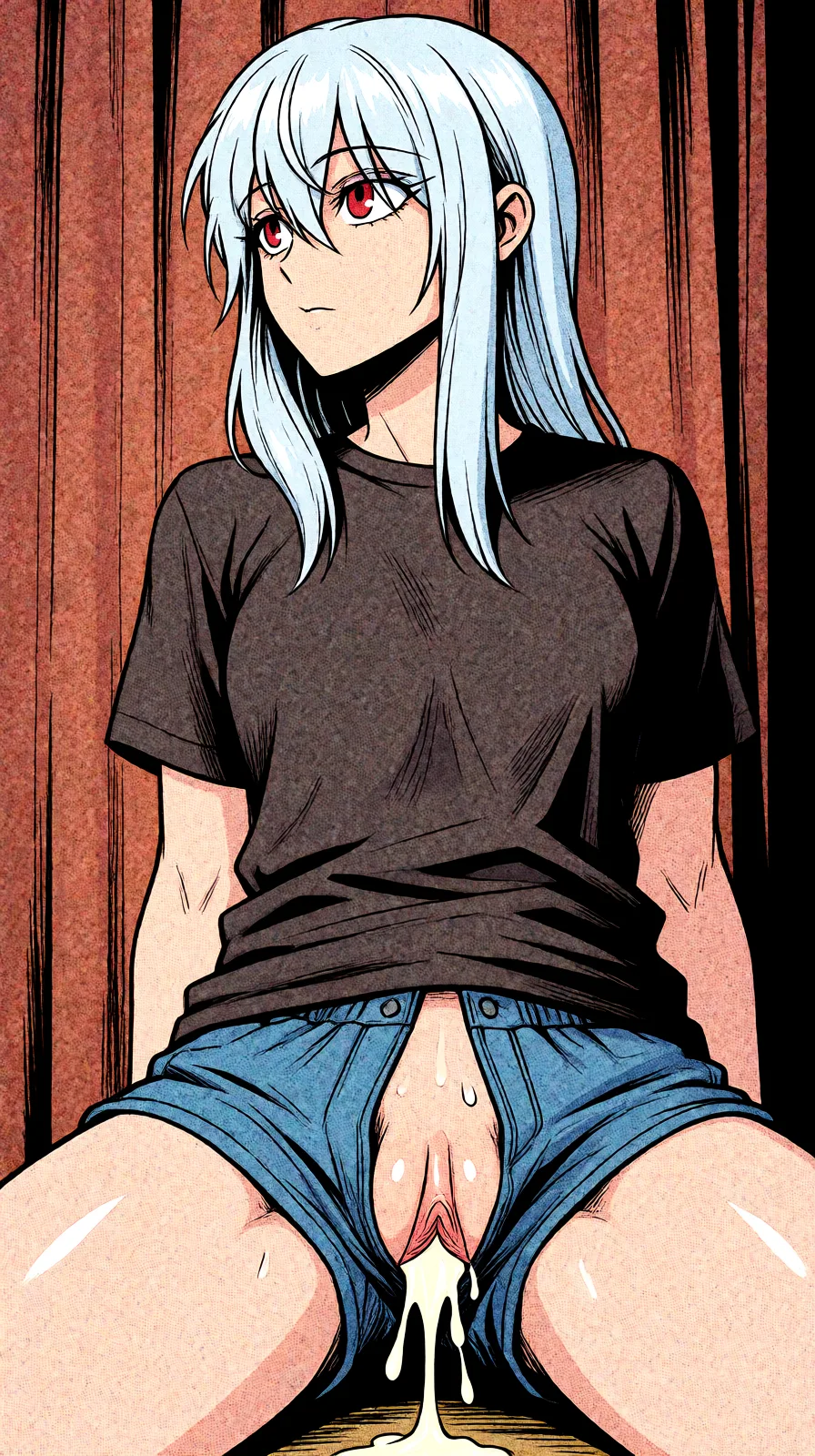 Redraw the entire picture as western comic-book art: heavy black inked outlines, hard-edged cel shading, limited high-contrast colour and visible halftone dot texture. The background is drawn in the same style. Nothing in the frame keeps its photographic appearance. Above all, the picture must show: futanari cum_on_body pussy_juice.