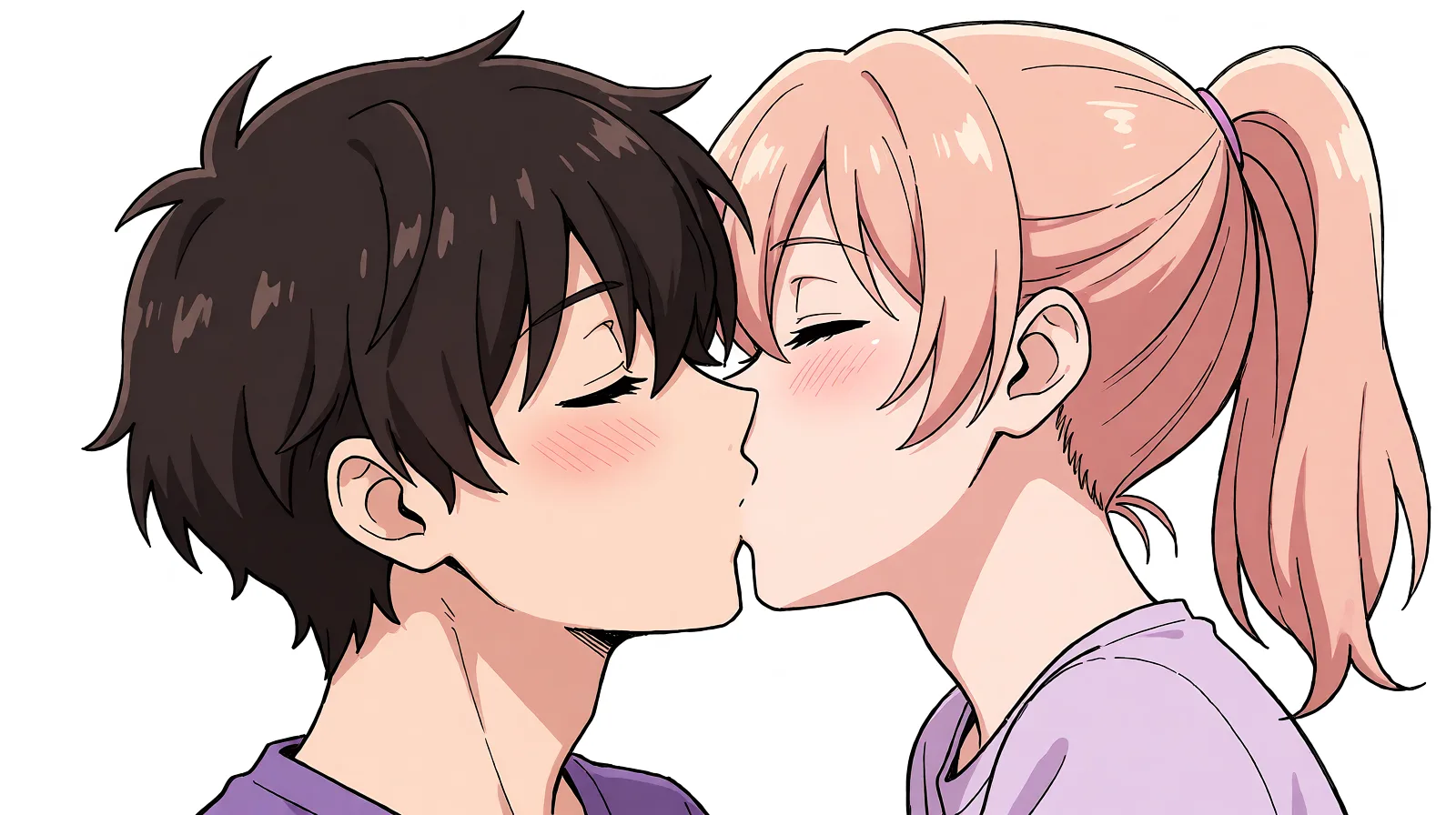 Redraw the entire picture as a hand-drawn anime illustration in flat cel-shaded anime style. It stays the same person with the same face, the same expression, the same hair and the same skin tone, and every other detail of the photograph is kept exactly as it is: nothing is added, removed, moved, uncovered or recoloured. Only the medium changes, and no part of the picture is left photographic. Above all, the picture must show: kiss cum_in_mouth cum_on_hair.