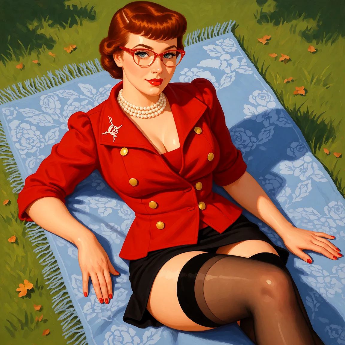 Redraw the entire picture as a retro pin-up illustration: smooth airbrushed gouache paint, warm saturated mid-century colour, clean confident outlines and glamorous stylised features, in the look of a 1950s pin-up poster. The background is painted in the same style. Nothing in the frame keeps its photographic appearance. Above all, the picture must show: curvy lingerie thighhighs see-through_clothes.