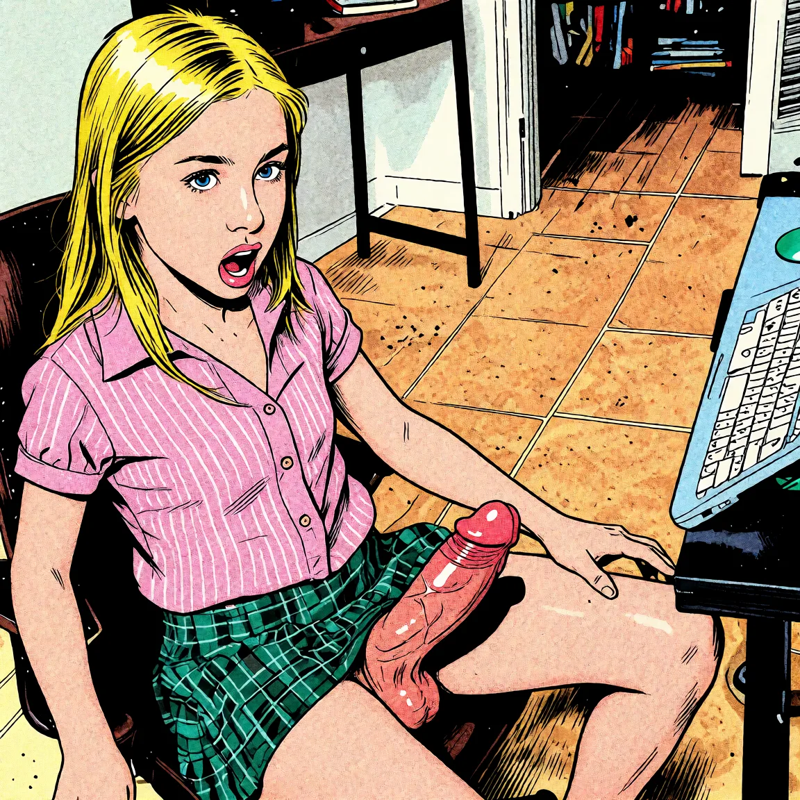 Redraw the entire picture as western comic-book art: heavy black inked outlines, hard-edged cel shading, limited high-contrast colour and visible halftone dot texture. The background is drawn in the same style. Nothing in the frame keeps its photographic appearance. Above all, the picture must show: handjob open_mouth.