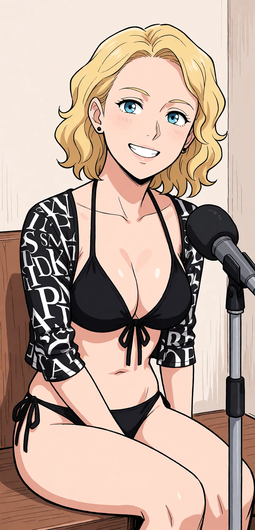 Redraw the entire picture as a hand-drawn anime illustration in flat cel-shaded anime style. It stays the same person with the same face, the same expression, the same hair and the same skin tone, and every other detail of the photograph is kept exactly as it is: nothing is added, removed, moved, uncovered or recoloured. Only the medium changes, and no part of the picture is left photographic. Above all, the picture must show: black_bikini sitting.