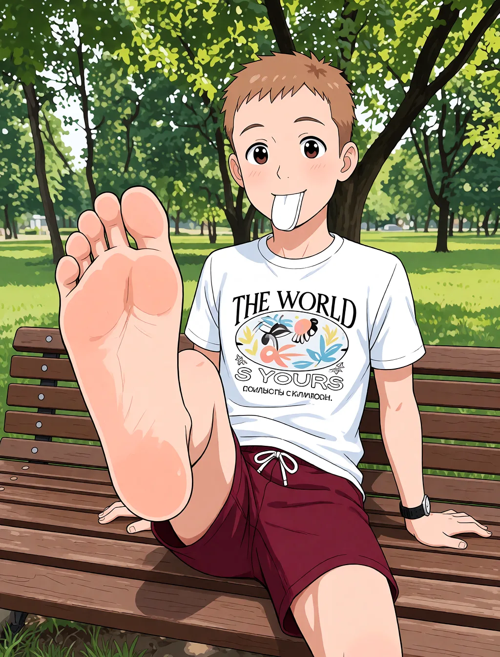 Redraw the entire picture as a hand-drawn anime illustration in flat cel-shaded anime style. It stays the same person with the same face, the same expression, the same hair and the same skin tone, and every other detail of the photograph is kept exactly as it is: nothing is added, removed, moved, uncovered or recoloured. Only the medium changes, and no part of the picture is left photographic. Above all, the picture must show: Парень полностью голый с кляпом во рту, с милыми глазами.