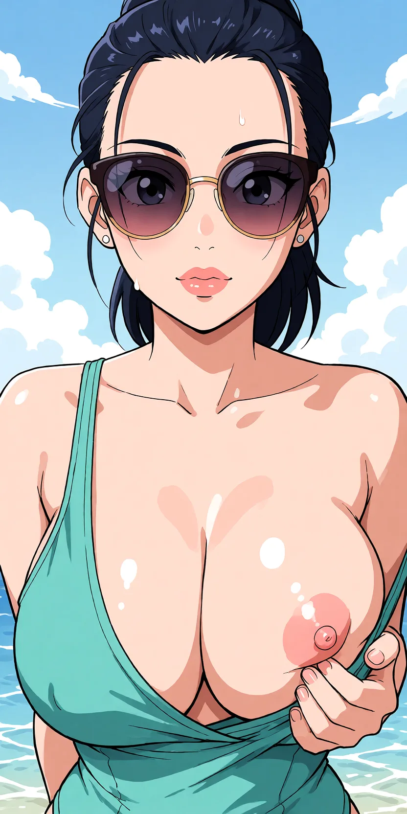Redraw the entire picture as a hand-drawn anime illustration in flat cel-shaded anime style. It stays the same person with the same face, the same expression, the same hair and the same skin tone, and every other detail of the photograph is kept exactly as it is: nothing is added, removed, moved, uncovered or recoloured. Only the medium changes, and no part of the picture is left photographic. Above all, the picture must show: Playing with breasts.