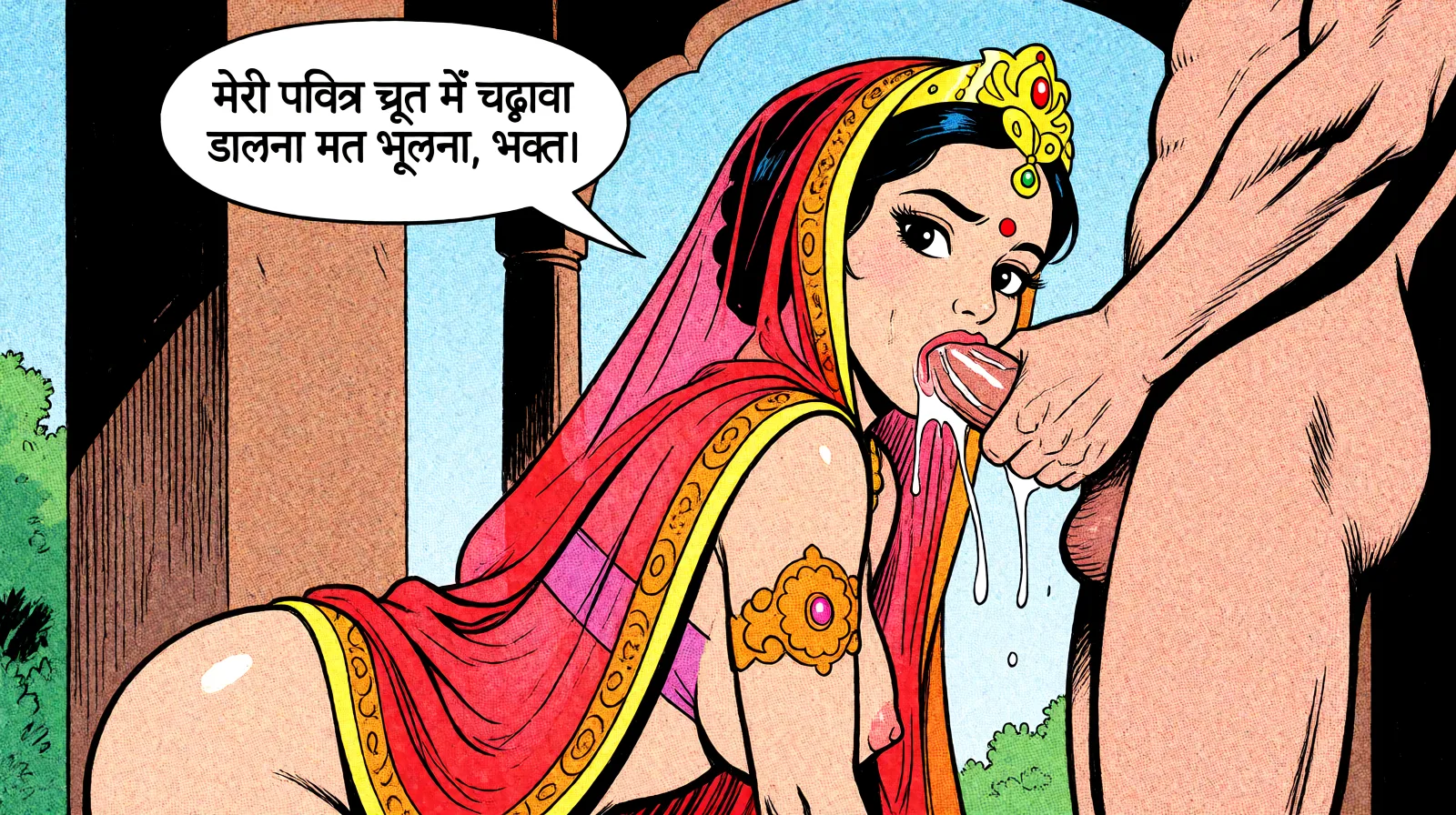 Redraw the entire picture as western comic-book art: heavy black inked outlines, hard-edged cel shading, limited high-contrast colour and visible halftone dot texture. The background is drawn in the same style. Nothing in the frame keeps its photographic appearance. Above all, the picture must show: eaning forward as she is being fucked by a strong man, saying 'मेरी पवित्र चूत में चढावा डालना मत भूलना, भक्त।' She is wearing a translucent red veil.