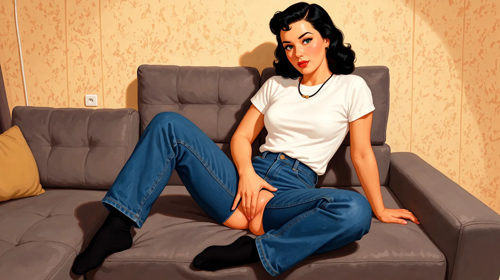 Redraw the entire picture as a retro pin-up illustration: smooth airbrushed gouache paint, warm saturated mid-century colour, clean confident outlines and glamorous stylised features, in the look of a 1950s pin-up poster. The background is painted in the same style. Nothing in the frame keeps its photographic appearance. Above all, the picture must show: masturbation.