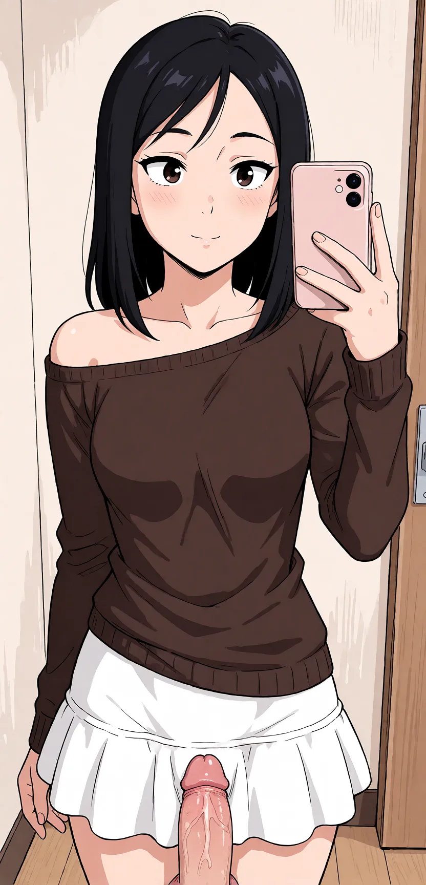 Redraw the entire picture as a hand-drawn anime illustration in flat cel-shaded anime style. It stays the same person with the same face, the same expression, the same hair and the same skin tone, and every other detail of the photograph is kept exactly as it is: nothing is added, removed, moved, uncovered or recoloured. Only the medium changes, and no part of the picture is left photographic. Above all, the picture must show: Прыгала членом.