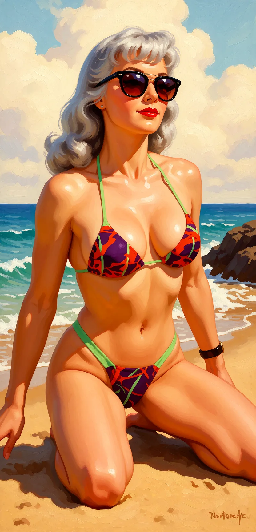 Redraw the entire picture as a retro pin-up illustration: smooth airbrushed gouache paint, warm saturated mid-century colour, clean confident outlines and glamorous stylised features, in the look of a 1950s pin-up poster. The background is painted in the same style. Nothing in the frame keeps its photographic appearance. Above all, the picture must show: No see-through_clothes.