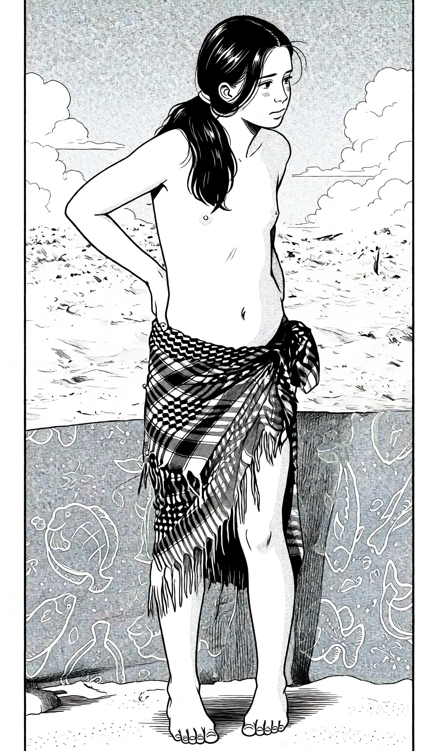 Redraw the entire picture as a black and white manga page: crisp black ink line art, no colour anywhere, flat halftone screentone shading, hatched shadows and clean white highlights, in the look of a printed manga panel. The background is drawn in the same style. Nothing in the frame keeps its photographic appearance. Above all, the picture must show: Keep the same body type and face. The woman has group_sex with multiple_boys.