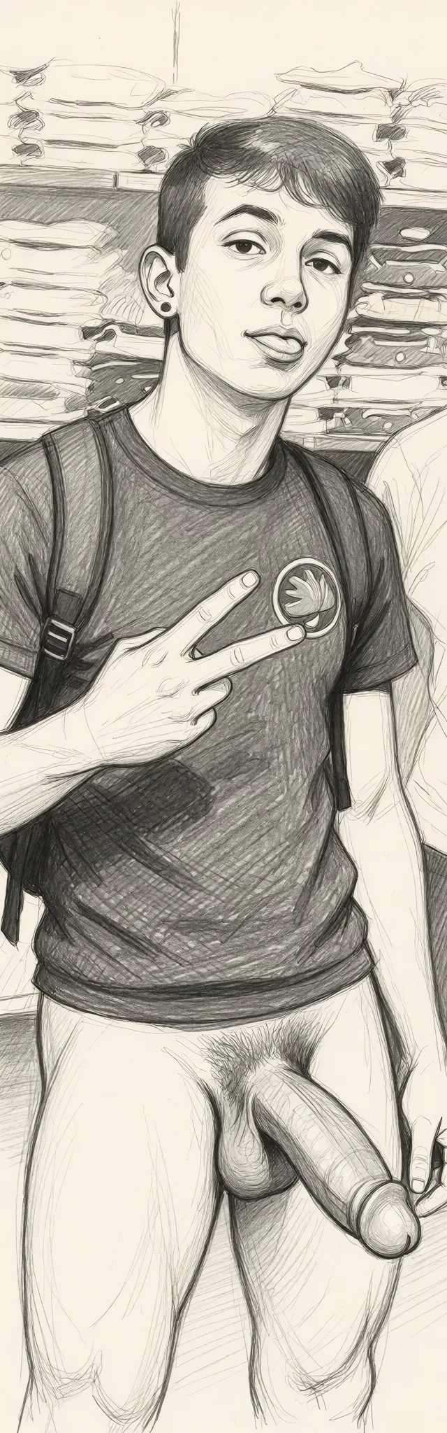 Redraw the entire picture as a hand-drawn graphite sketch on off-white paper: visible pencil strokes, cross-hatched shading, loose construction lines and no colour beyond the grey of the pencil and the tone of the paper. The background is drawn in the same style. Nothing in the frame keeps its photographic appearance. Above all, the picture must show: Horny has a huge cock and a dick and is nude.
