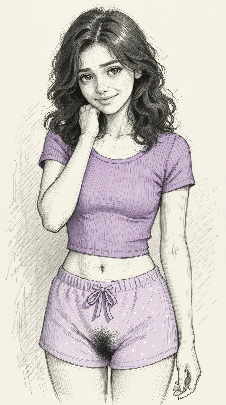 Redraw the entire picture as a hand-drawn graphite sketch on off-white paper: visible pencil strokes, cross-hatched shading, loose construction lines and no colour beyond the grey of the pencil and the tone of the paper. The background is drawn in the same style. Nothing in the frame keeps its photographic appearance. Above all, the picture must show: nude, hairy pubic_hair.