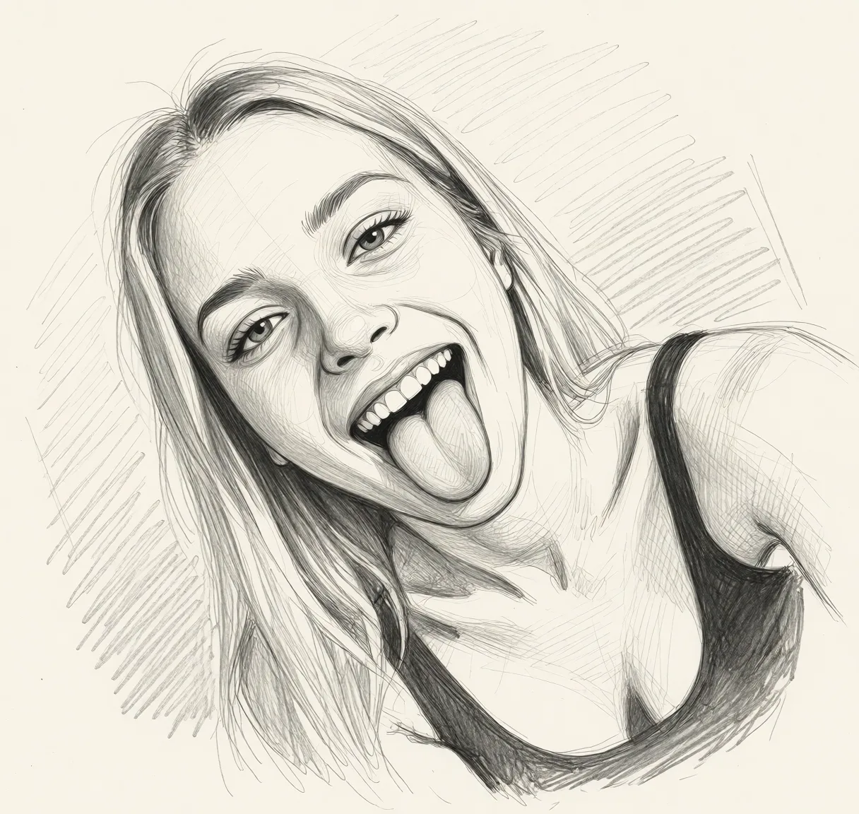 Redraw the entire picture as a hand-drawn graphite sketch on off-white paper: visible pencil strokes, cross-hatched shading, loose construction lines and no colour beyond the grey of the pencil and the tone of the paper. The background is drawn in the same style. Nothing in the frame keeps its photographic appearance. Above all, the picture must show: Naked, sticking tongue out.