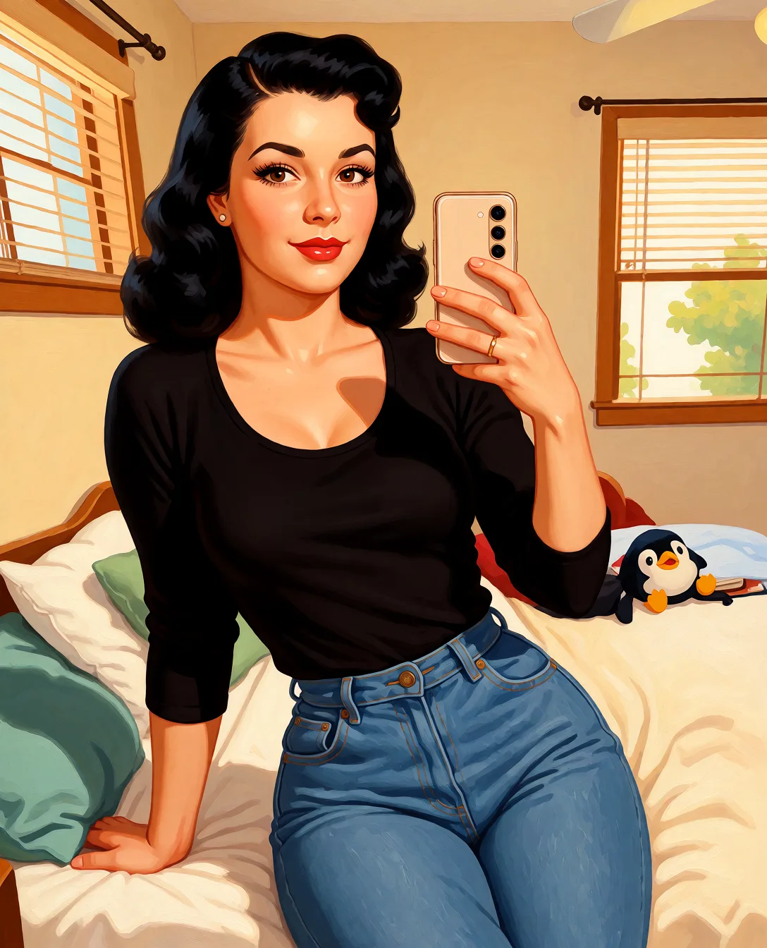Redraw the entire picture as a retro pin-up illustration: smooth airbrushed gouache paint, warm saturated mid-century colour, clean confident outlines and glamorous stylised features, in the look of a 1950s pin-up poster. The background is painted in the same style. Nothing in the frame keeps its photographic appearance. Above all, the picture must show: nude.