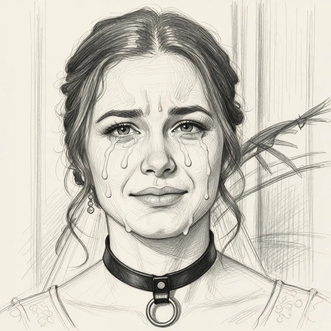 Redraw the entire picture as a hand-drawn graphite sketch on off-white paper: visible pencil strokes, cross-hatched shading, loose construction lines and no colour beyond the grey of the pencil and the tone of the paper. The background is drawn in the same style. Nothing in the frame keeps its photographic appearance. Above all, the picture must show: Saliva on face.
