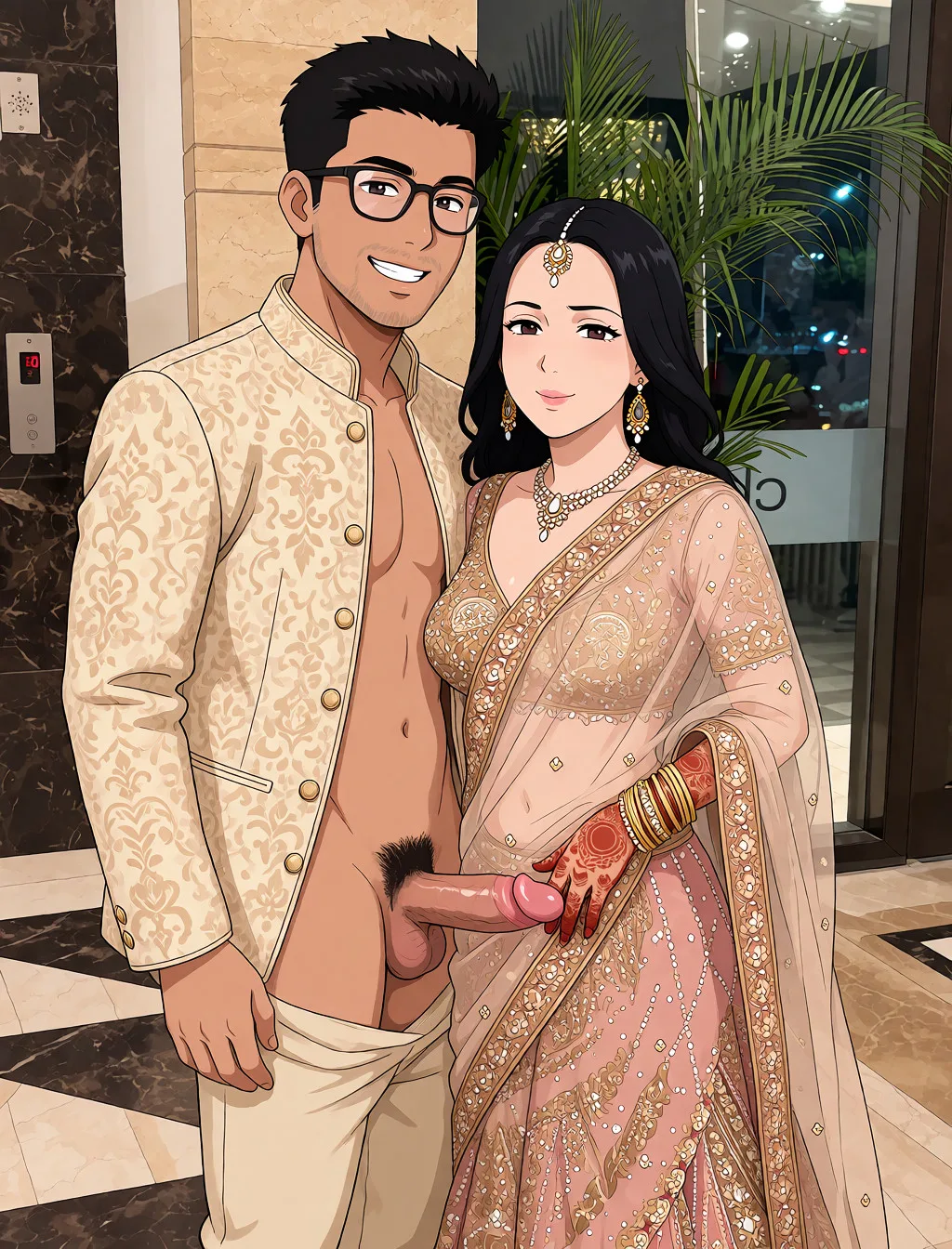 Redraw the entire picture as a hand-drawn anime illustration in flat cel-shaded anime style. It stays the same person with the same face, the same expression, the same hair and the same skin tone, and every other detail of the photograph is kept exactly as it is: nothing is added, removed, moved, uncovered or recoloured. Only the medium changes, and no part of the picture is left photographic. Above all, the picture must show: Convert to a, NSFW, couple porn type photoshoot, in a 2.5d hentai style format. Keep exactly the same details and textures, same material definition, same face and facial features with accurate anatomy. The image should not be in ghibli style.