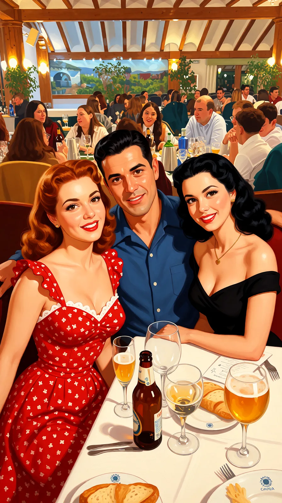 Redraw the entire picture as a retro pin-up illustration: smooth airbrushed gouache paint, warm saturated mid-century colour, clean confident outlines and glamorous stylised features, in the look of a 1950s pin-up poster. The background is painted in the same style. Nothing in the frame keeps its photographic appearance. Above all, the picture must show: sundress.
