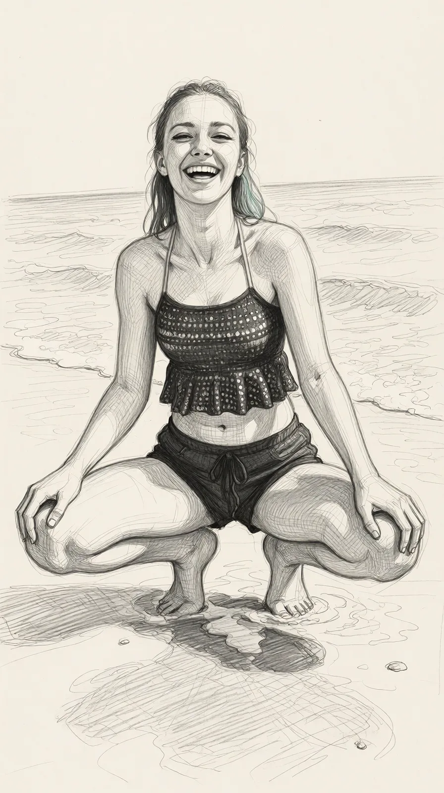 Redraw the entire picture as a hand-drawn graphite sketch on off-white paper: visible pencil strokes, cross-hatched shading, loose construction lines and no colour beyond the grey of the pencil and the tone of the paper. The background is drawn in the same style. Nothing in the frame keeps its photographic appearance. Above all, the picture must show: completely_nude squatting cowgirl_position seductive_smile sex.