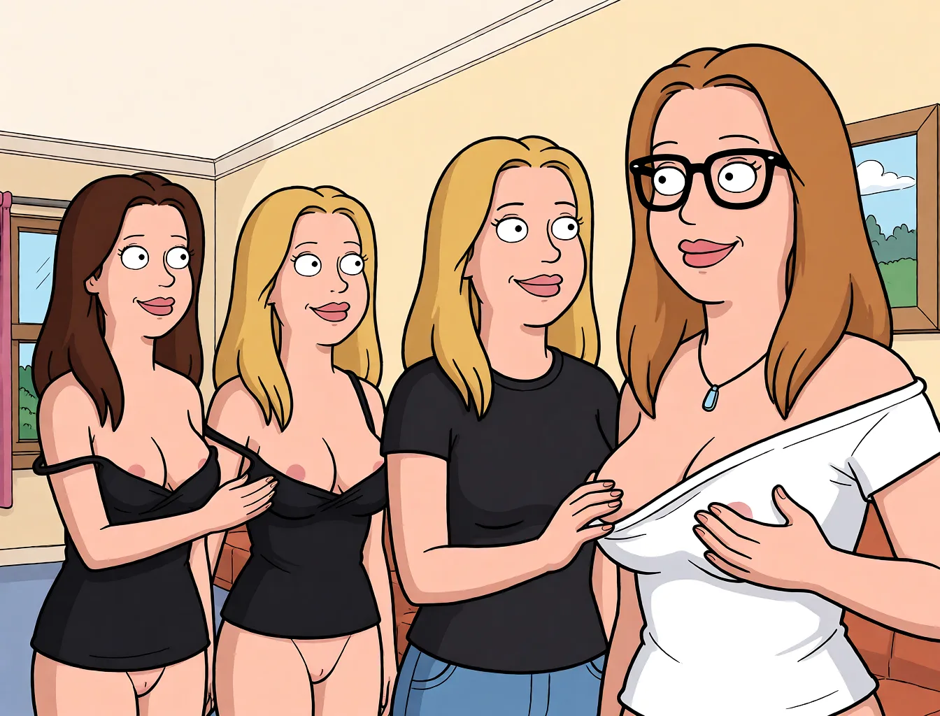 Redraw the entire picture as a western animated cartoon cel: thick even outlines, flat bright blocks of colour, simplified rounded shapes and hard-edged shadows, in the look of a television cartoon rather than of a camera. Keep the woman's adult proportions and adult figure exactly as they are; only the drawing style changes. The background is drawn in the same style. Nothing in the frame keeps its photographic appearance. Above all, the picture must show: First, they undress, then look toward the screen and caress their breasts. Absolutely no touching of the face, and keep it cinematic.