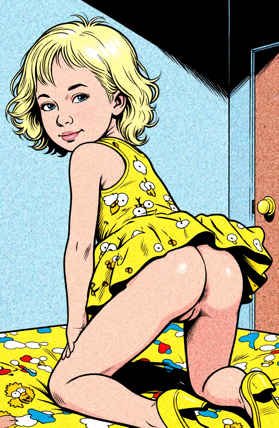 Redraw the entire picture as western comic-book art: heavy black inked outlines, hard-edged cel shading, limited high-contrast colour and visible halftone dot texture. The background is drawn in the same style. Nothing in the frame keeps its photographic appearance. Above all, the picture must show: sex_from_behind.