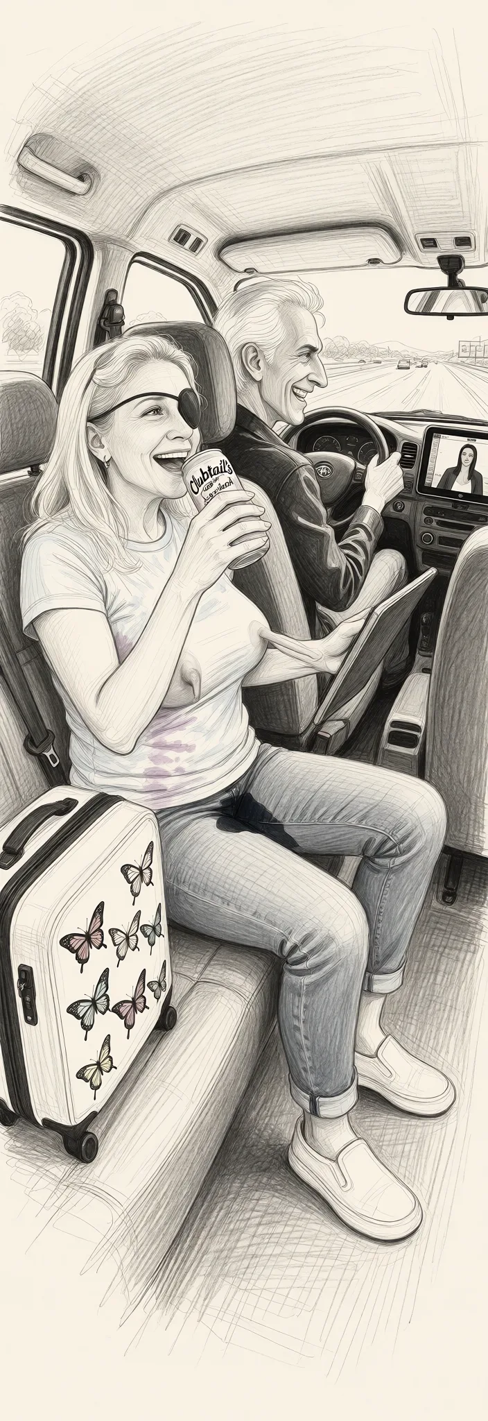 Redraw the entire picture as a hand-drawn graphite sketch on off-white paper: visible pencil strokes, cross-hatched shading, loose construction lines and no colour beyond the grey of the pencil and the tone of the paper. The background is drawn in the same style. Nothing in the frame keeps its photographic appearance. Above all, the picture must show: The view is from the inside of a taxi driving down the highway. All of the doors are shut. The older mature 60 year old blonde is very happy as she is sitting in backseat of a taxi going down a four lane highway. The older woman is drinking a can of "Clubtail's Sex on the beach" drink with one hand and rubbing one ofher humongous long and pointy pink nipples that is visible through her light blue shirt as she is watching the porn that is playing on the large ipad screen mounted of the dashboard in the front seat if the taxi. A dark wet spot is starting to form in the crotch of her jeans. A seventy year old tall skinny man with thick white hair is in the front seat grinning devilishly while driving driving. There is a medium sized white suitcase with several different colored butterfly designs on it in the backseat sitting beside the woman.